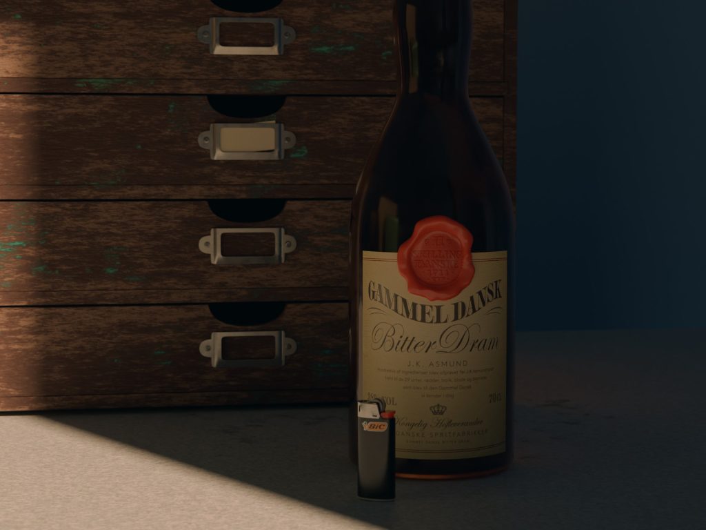 Chest of drawers, bottle of Gammeldansk, and a lighter.