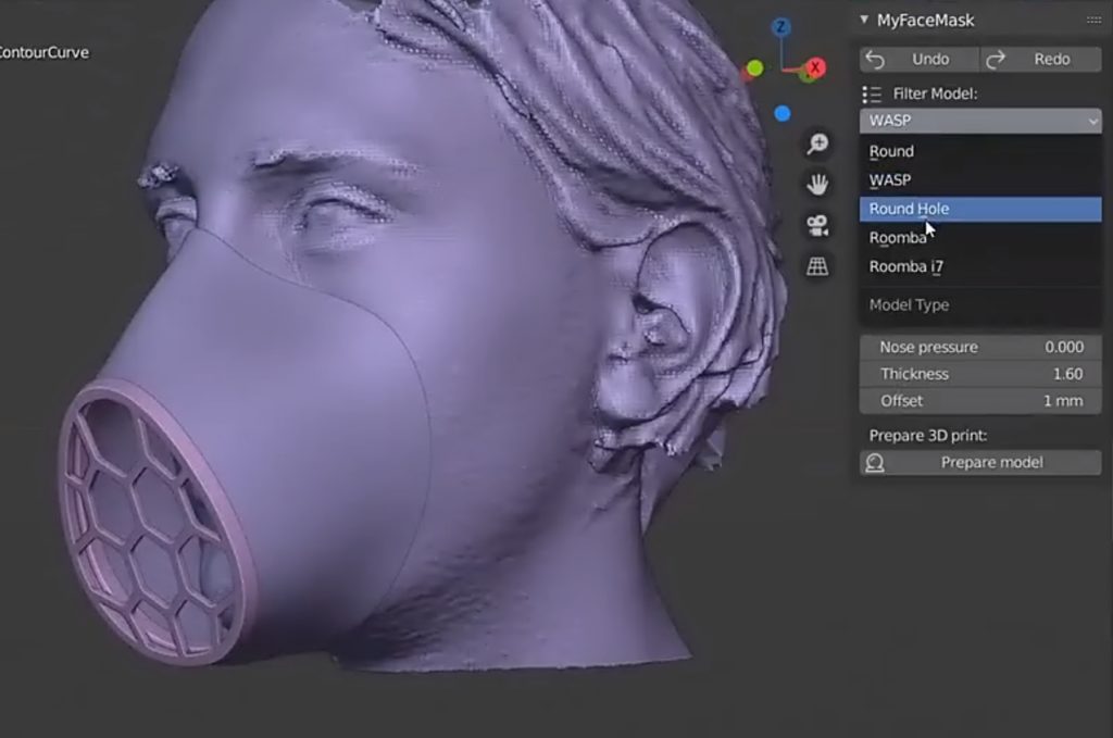 Select a face mask filter model preset, and adjust properties like wall thickness