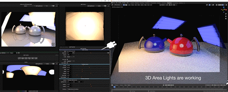 HDRI-textured Area Lights placement synchronized between HDR Light Studio and Blender