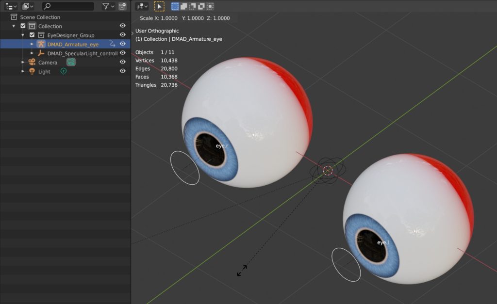 Scaling the eyes via the included armature