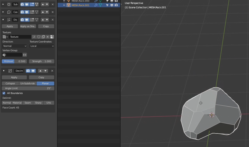 Create easy planar rocks and low-polygon shapes using the Planar mode of the Decimate modifier