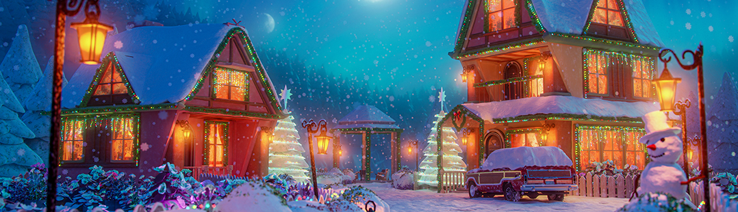 Christmas on a snowy hills with twin house