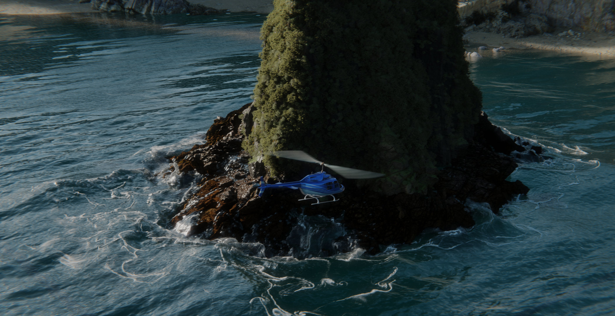 Aerial view of a blue helicopter hovering over a coastal cliff with green foliage and crashing waves.