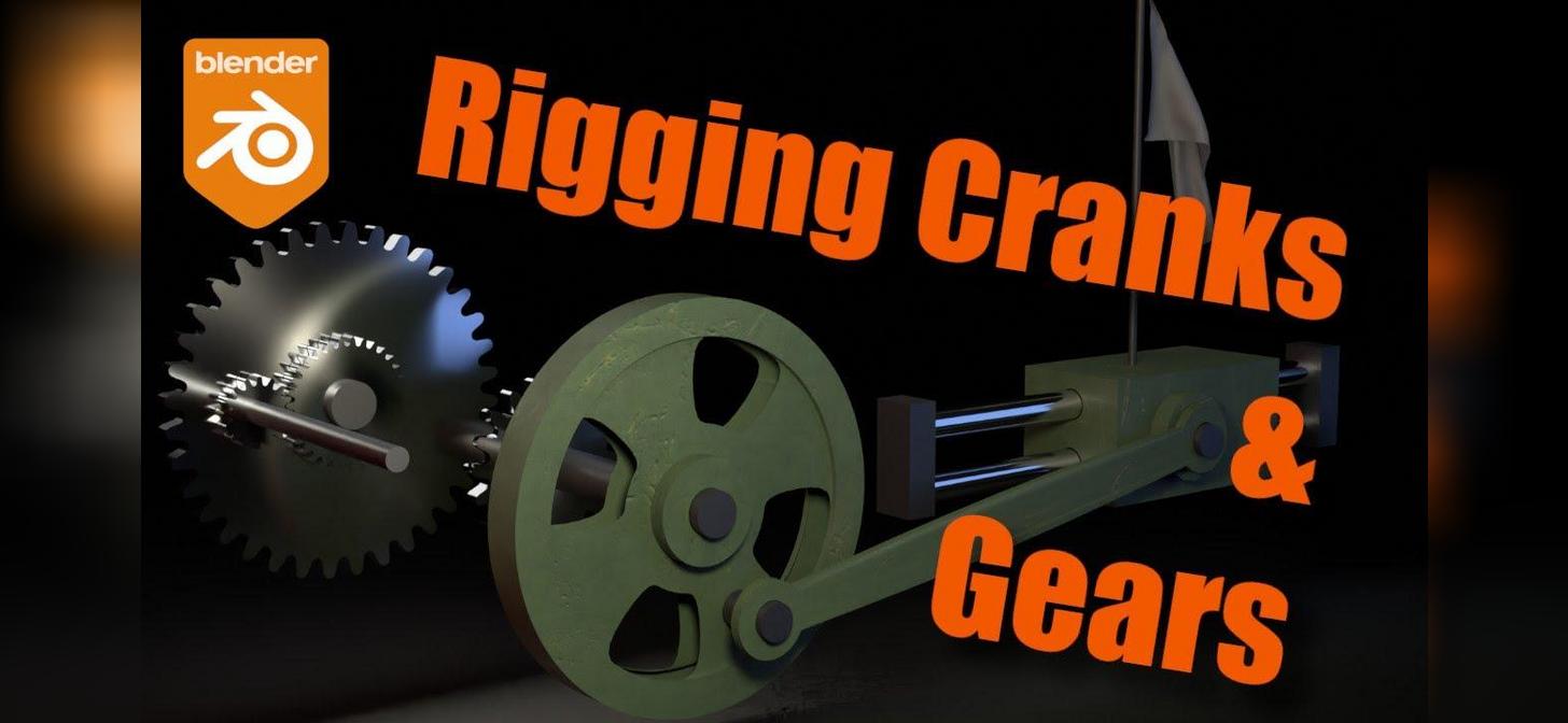 Mechanical rigging with cranks and gears, rendered in Blender 3D.