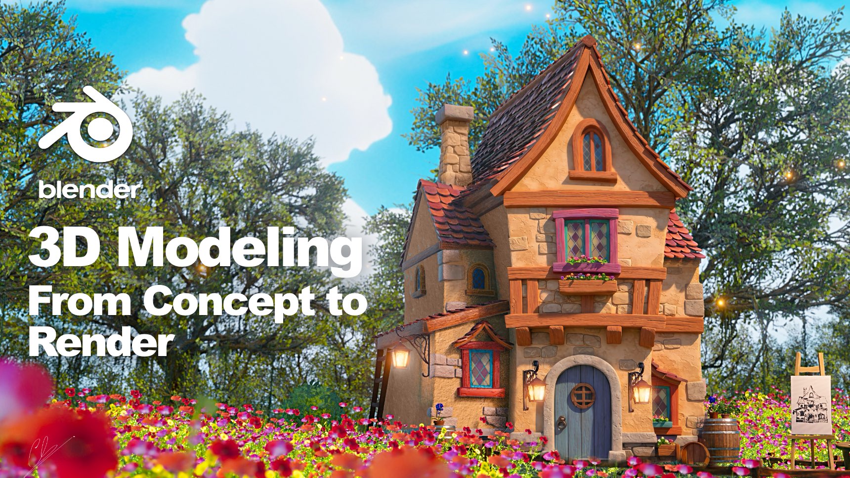 Charming 3D modeled cottage with flowers, created using Blender.