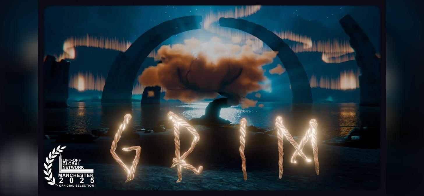 Fantasy digital art featuring glowing runes and a mystical landscape with arches and smoke.