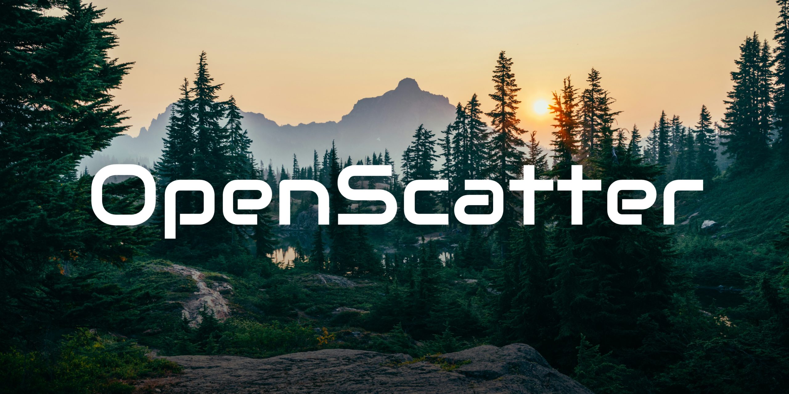 Forest landscape with tall trees, mountains, and a sunset; "OpenScatter" text overlay.