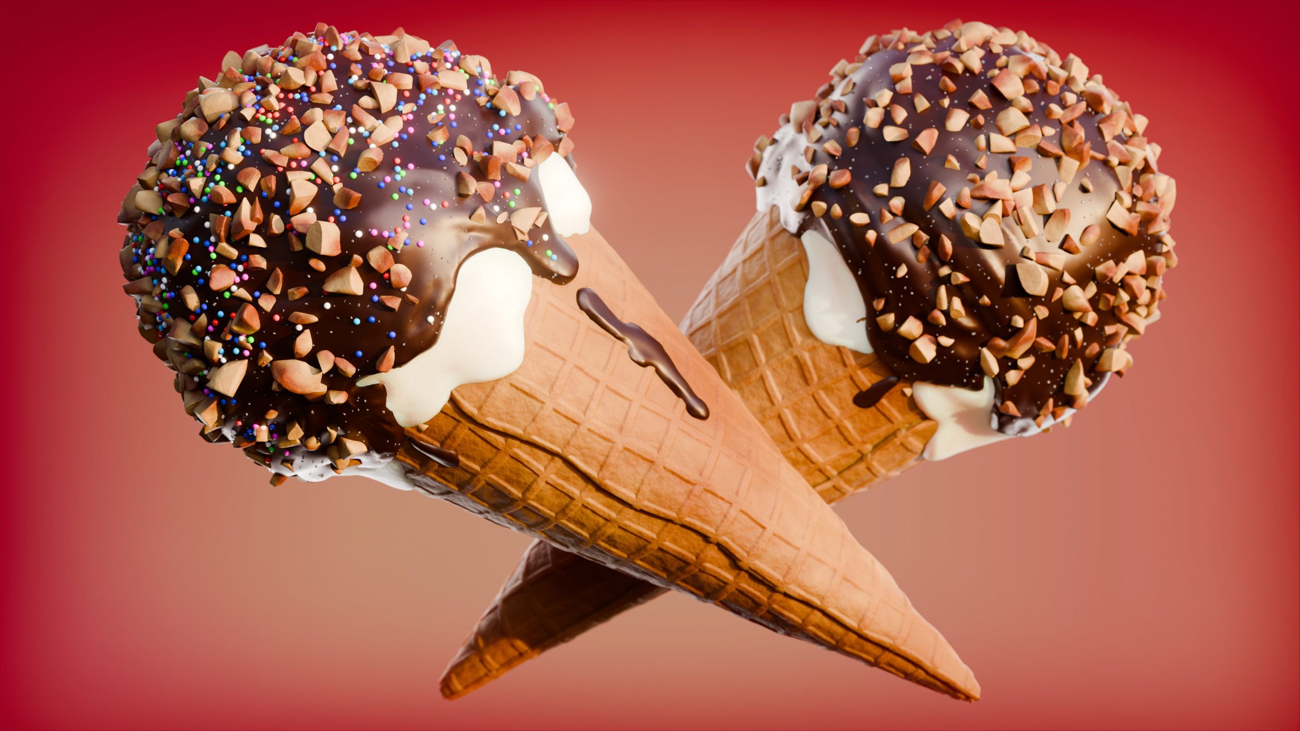Two ice cream cones with chocolate-dipped, nut-covered scoops against a gradient red background.