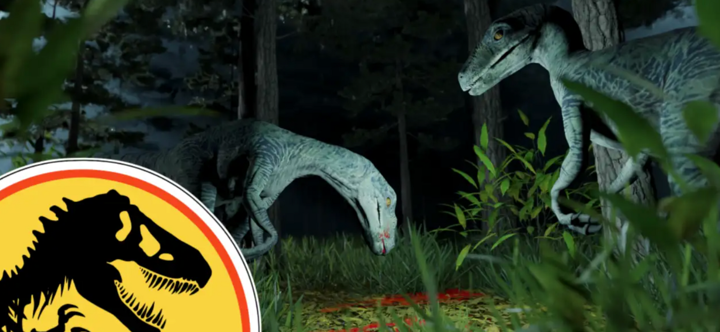Two CGI dinosaurs in a forest setting, one crouching and another standing, with a Jurassic Park logo in the bottom left corner.