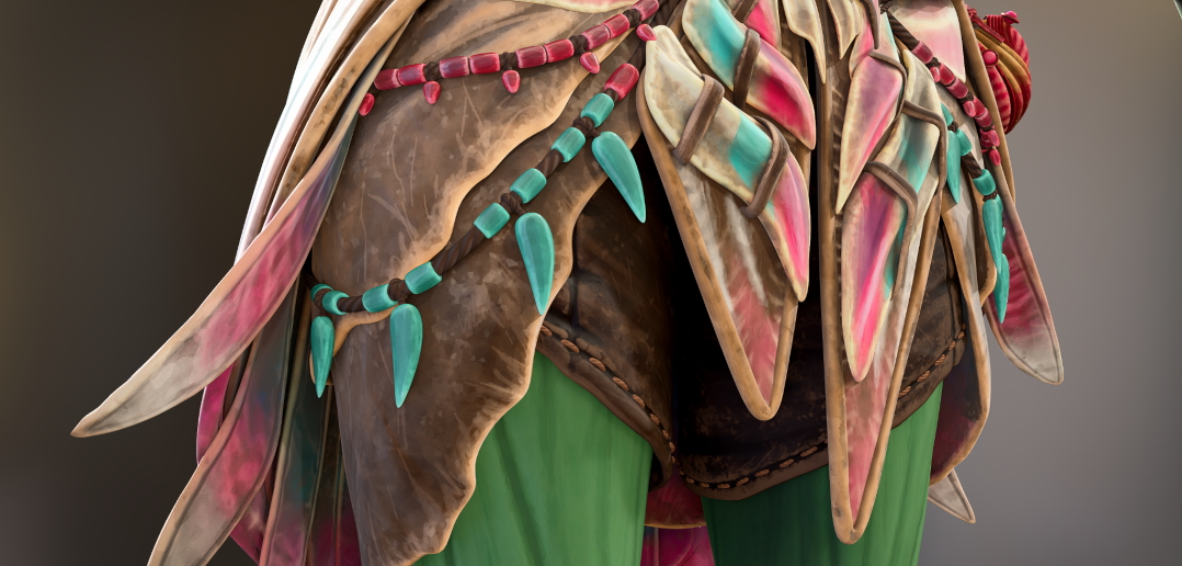 Close-up of a 3D rendered character wearing a detailed, textured outfit with intricate beadwork and feathers.