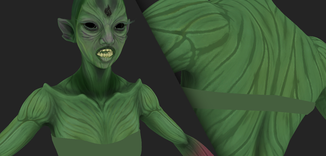 Green-skinned alien character with pointed ears and sharp teeth, holding a red-bladed knife.