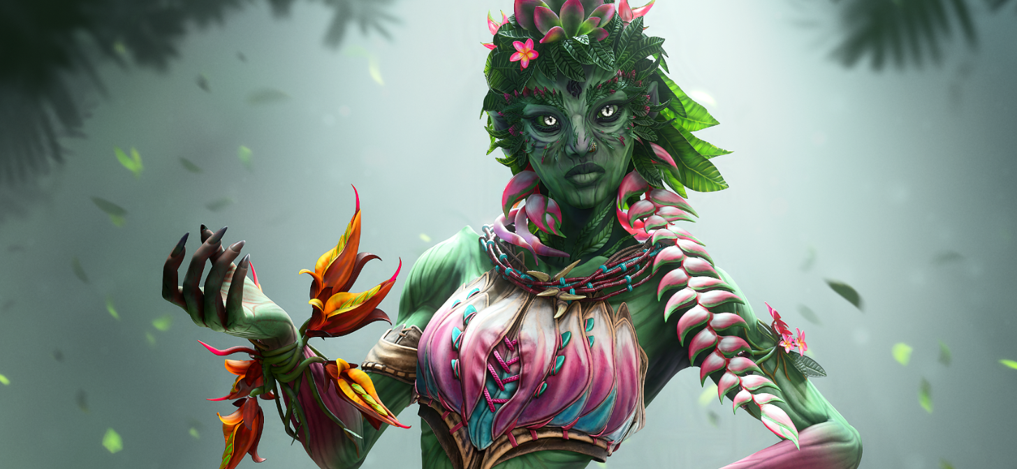 Fantasy character with floral and leafy design, green skin, and intricate attire.