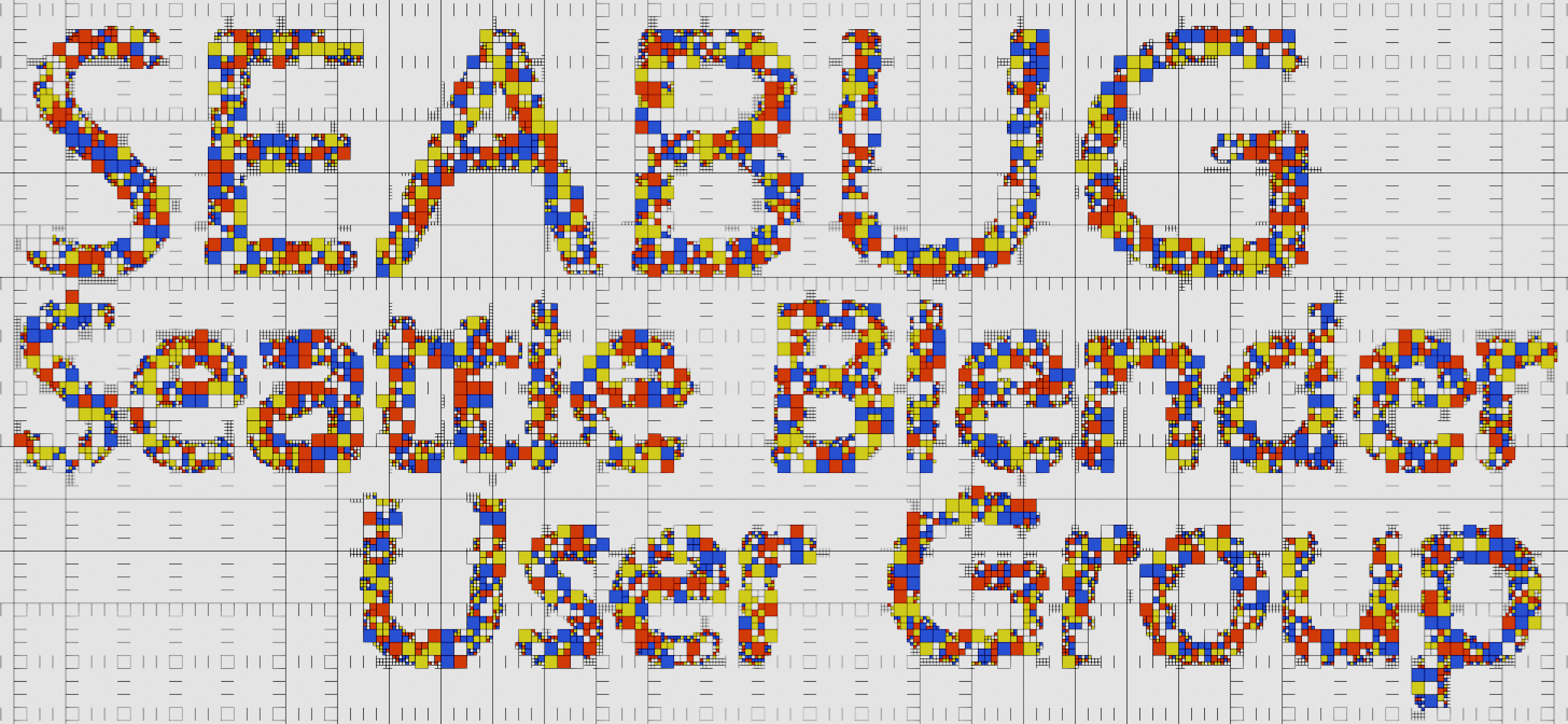 Pixelated text reading "SEA BUG Seattle Blender User Group" in a colorful, mosaic style.