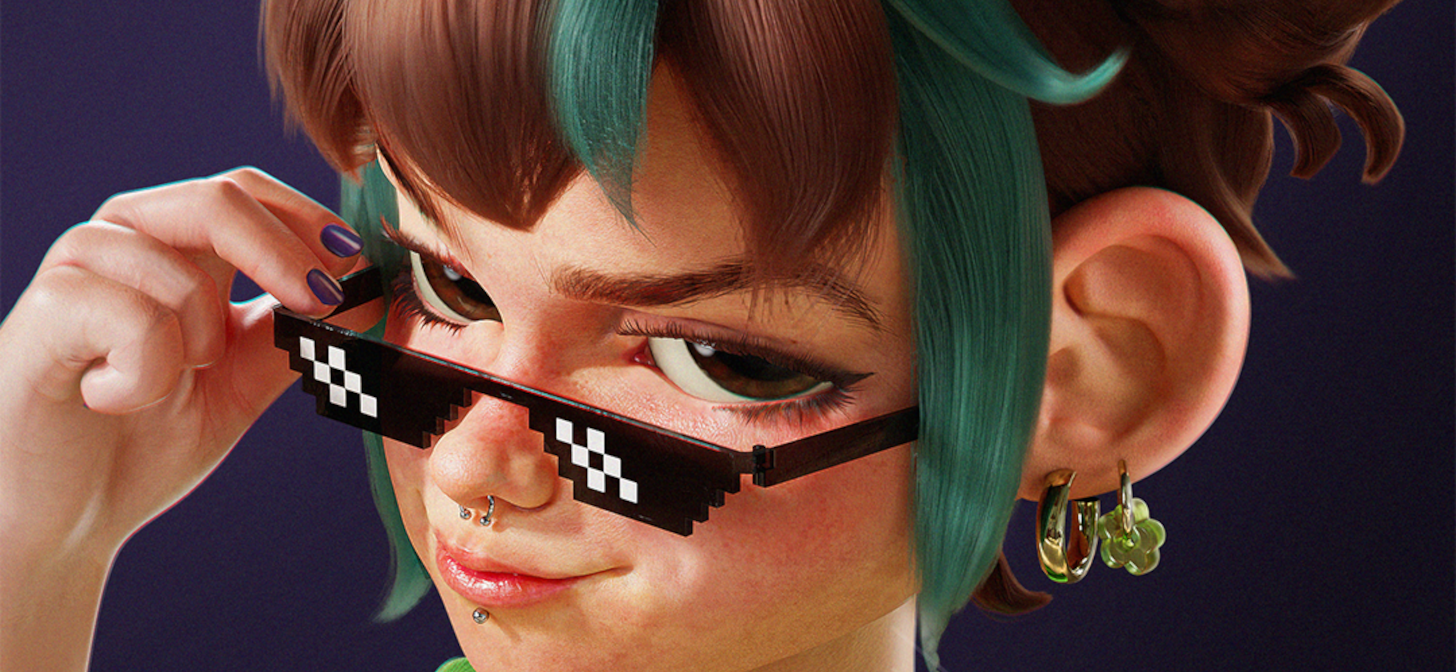 A digital illustration of a person with green hair, wearing pixelated glasses and hoop earrings, adjusting the glasses with their right hand.