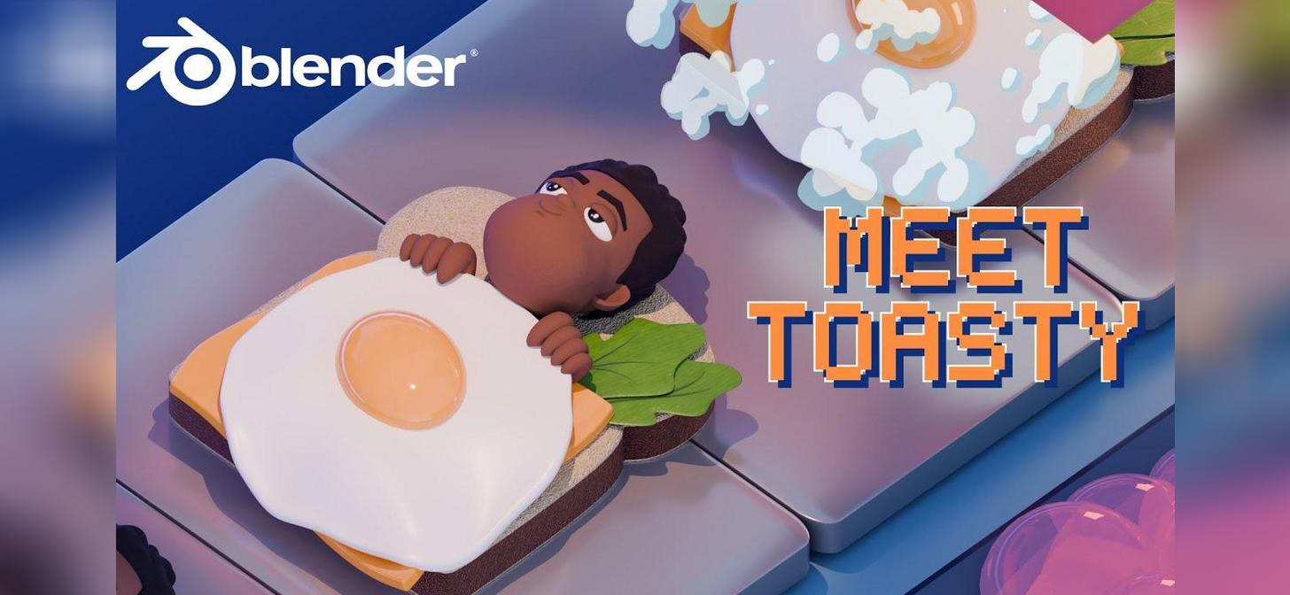 Animated character hugging a large sandwich with a fried egg, Blender logo visible.
