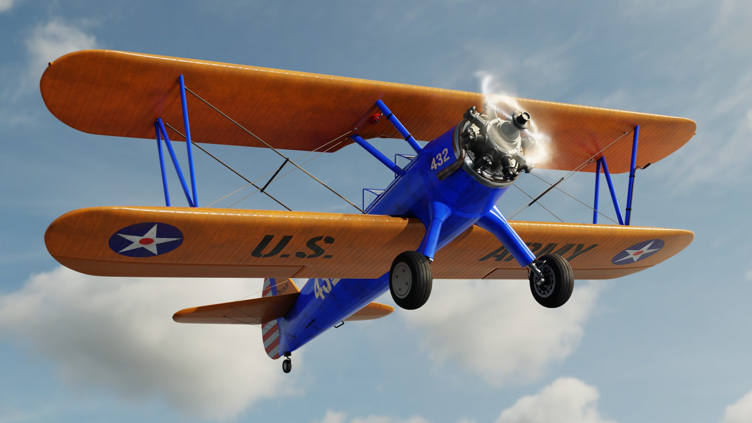 Vintage biplane in flight, blue and brown, marked "U.S. Army Air Forces" with number 432, against blue sky with clouds.