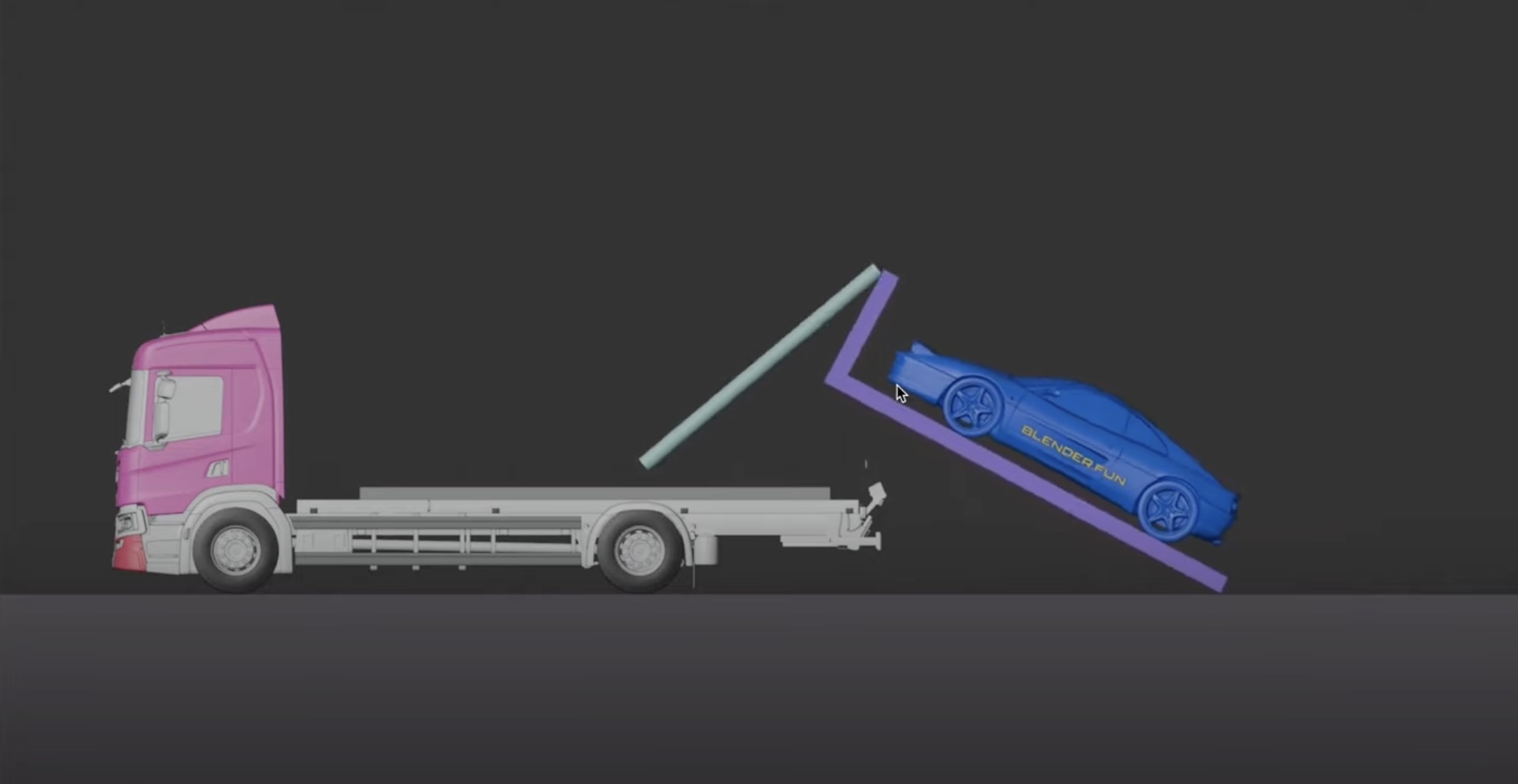 Pink semi-truck with a blue sports car on a ramp, rendered in 3D.