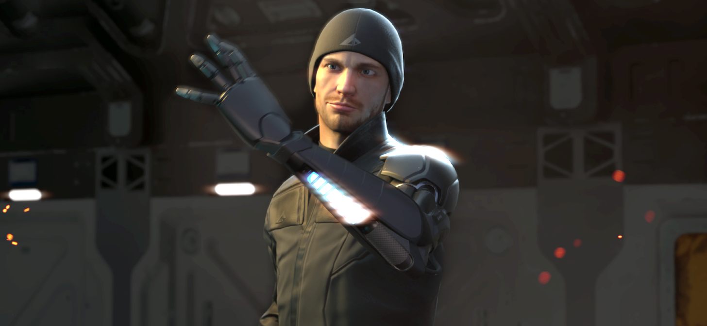 Man in futuristic suit with robotic arm, standing in dimly lit industrial setting.