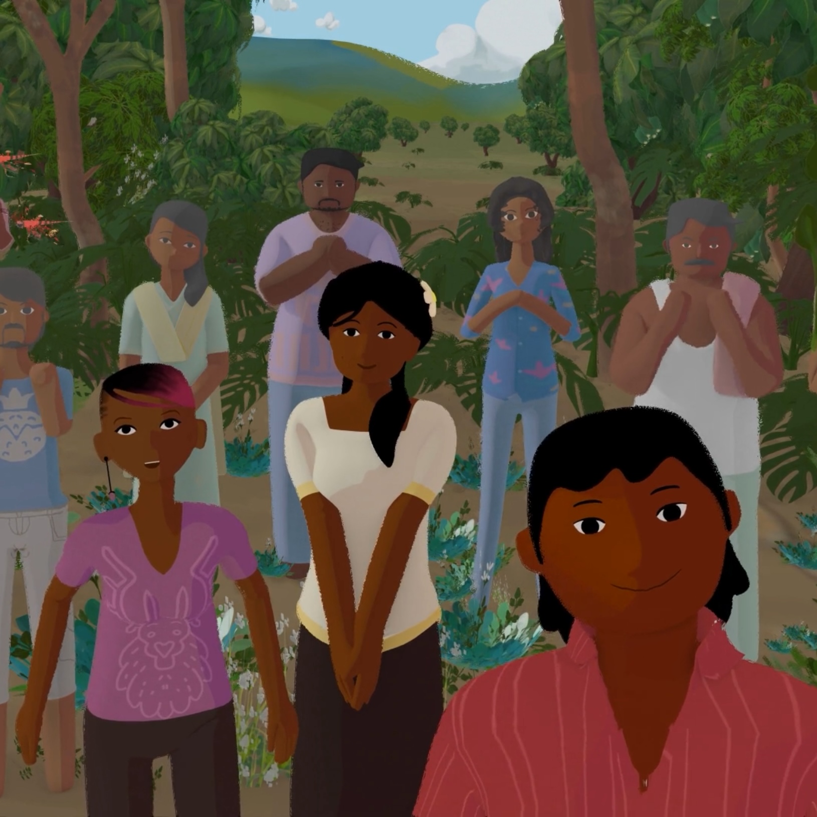 A group of animated characters in a lush forest setting, with diverse clothing and expressions.