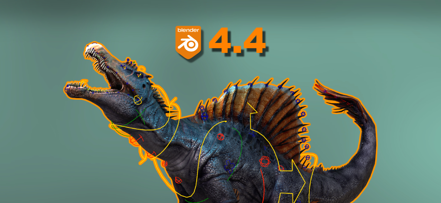 Dinosaur model in Blender 4.4 interface with various editing tools visible.