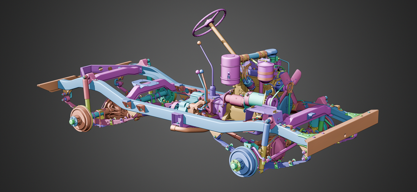 Complex 3D rendering of a vehicle's internal structure, showcasing intricate mechanical components and colorful parts, likely created with Blender.