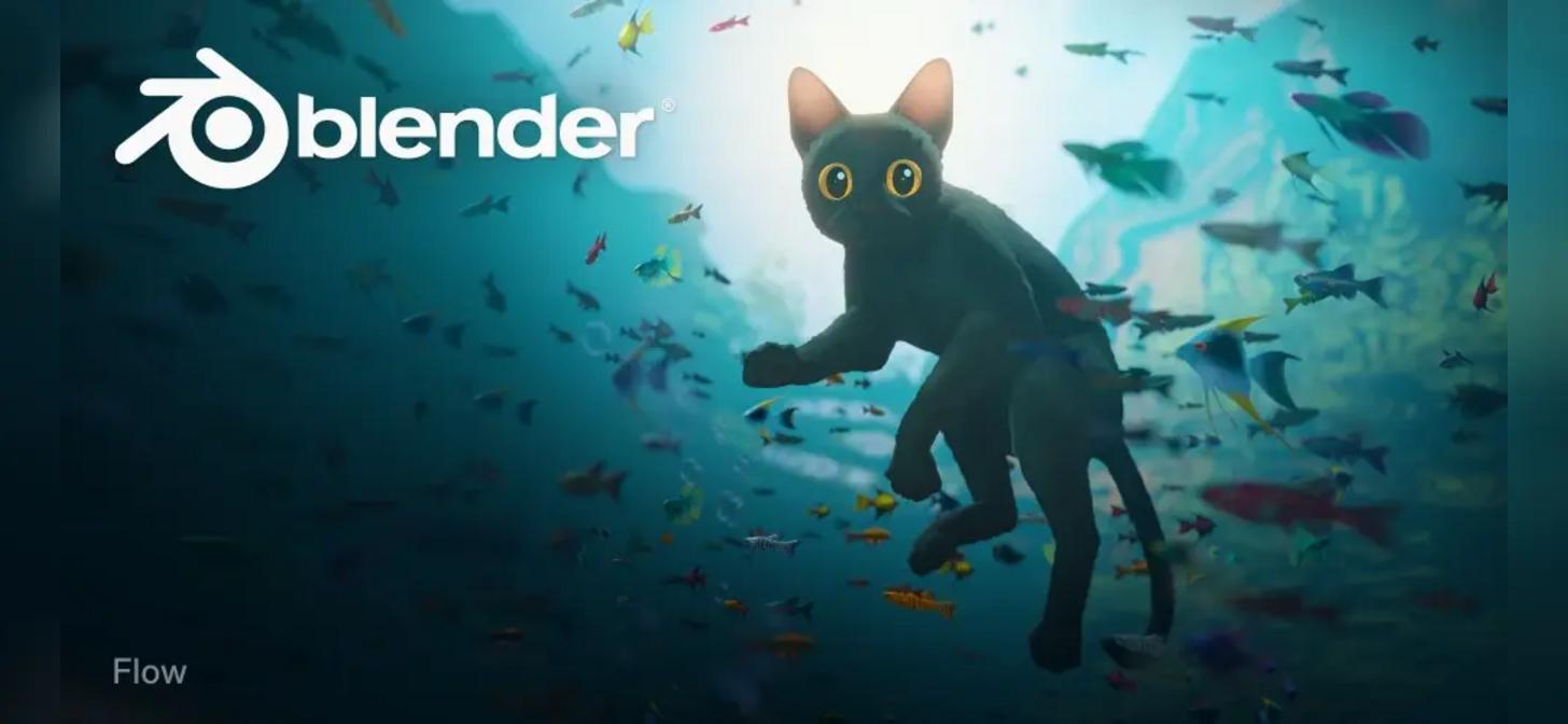 A 3D rendered cat-like creature swimming underwater with colorful fish, Blender logo visible.