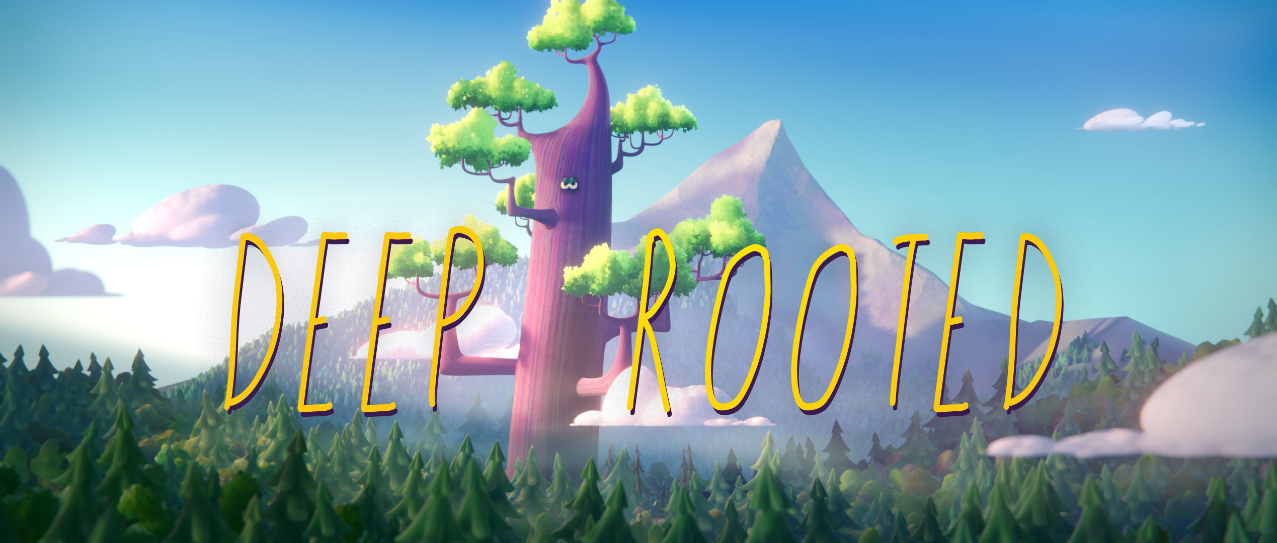 A stylized, cartoonish forest scene with a large tree and mountains, labeled "Deep-Rooted".
