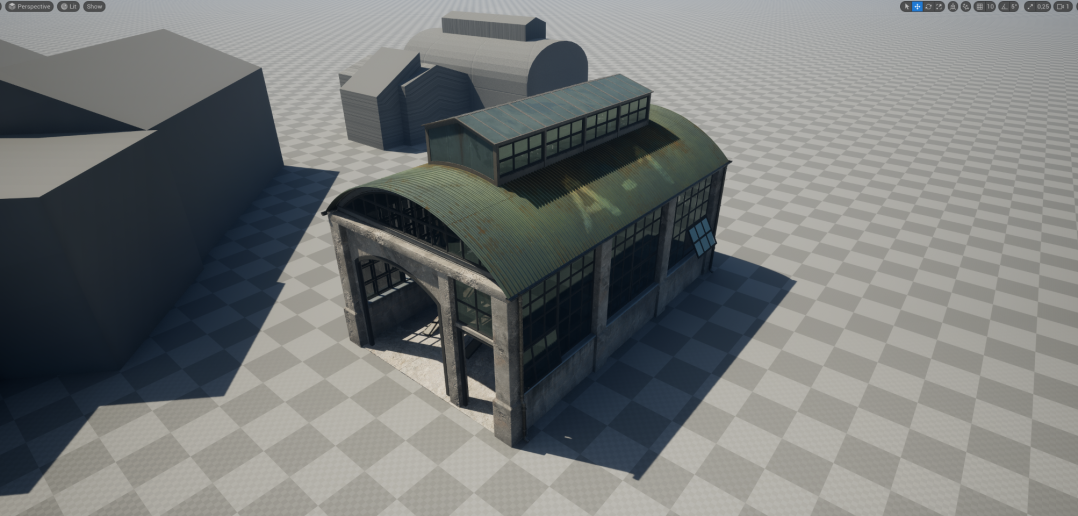 3D rendering of an industrial building with arched roof and windows, set on a checkered ground.