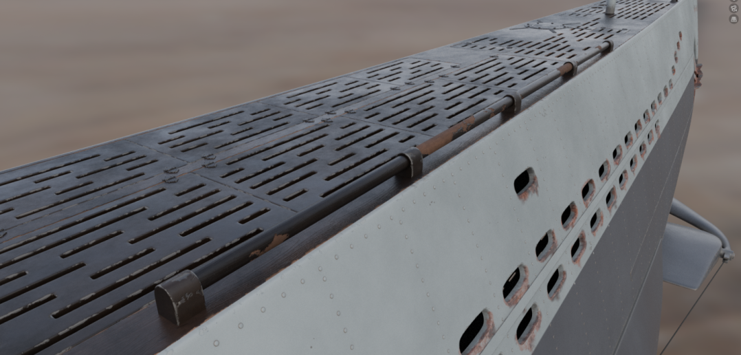 Close-up of a 3D modeled submarine's deck, showing detailed grates and riveted plates.