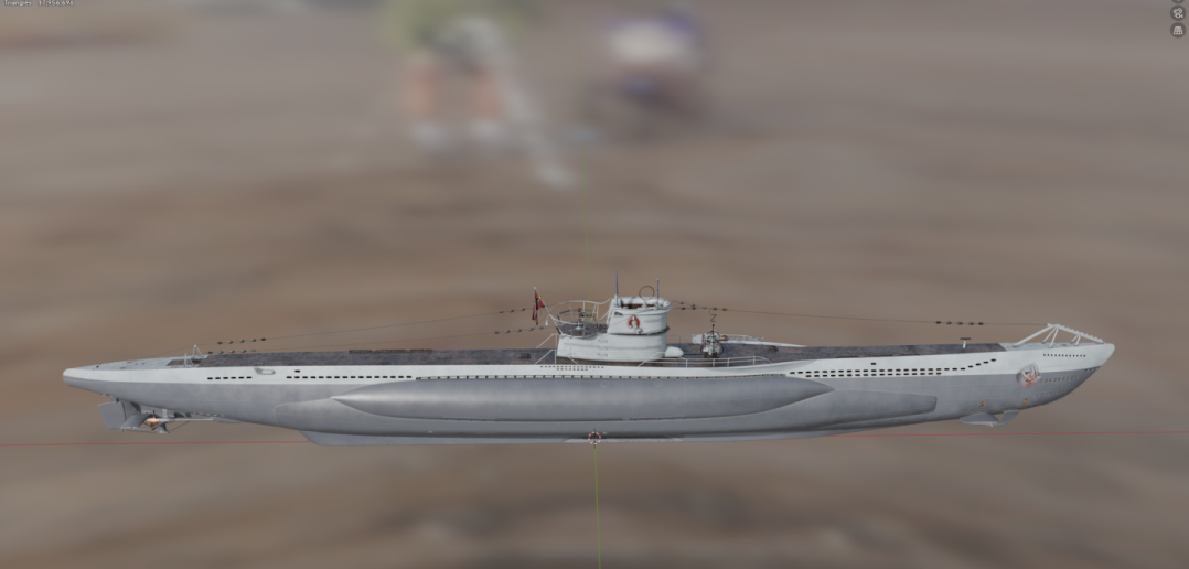 3D model of a vintage submarine in Blender interface.