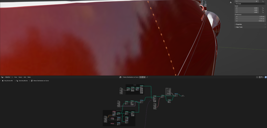 3D rendering of a red ship bow in Blender, showing the interface and node-based material setup.