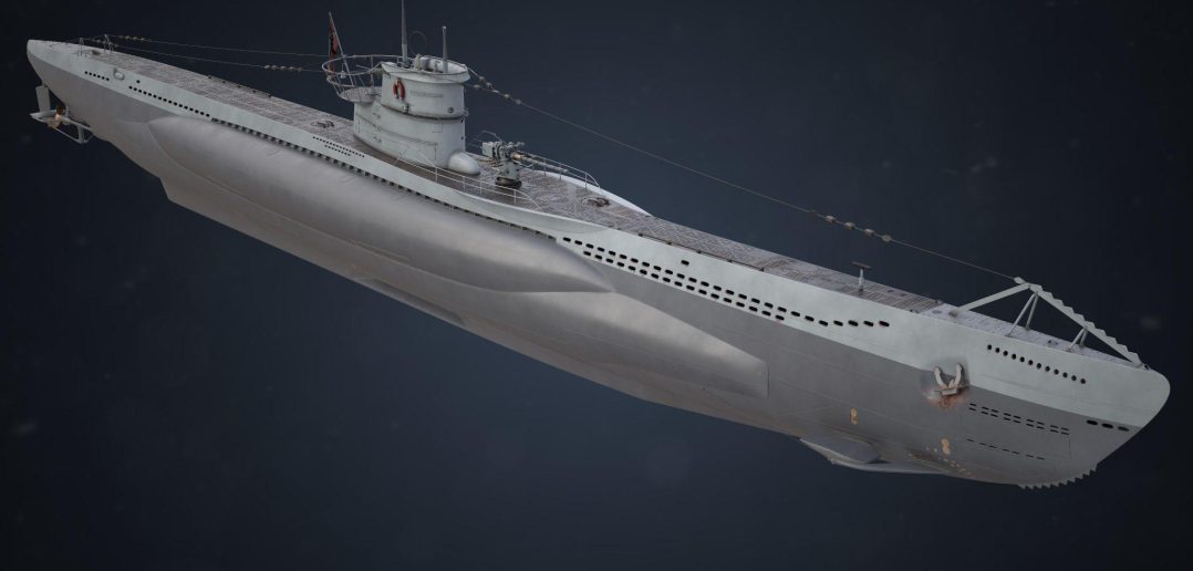 Aerial view of a detailed 3D model of a World War II era submarine, rendered in a realistic style.
