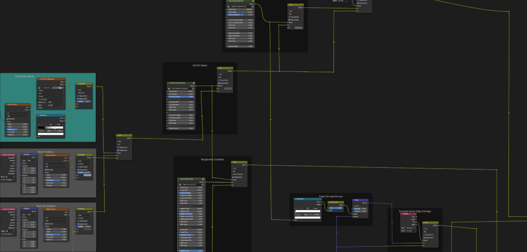 Complex Blender node setup with multiple interconnected nodes, including texture coordinates, mapping, and color ramp nodes, arranged on a dark background.