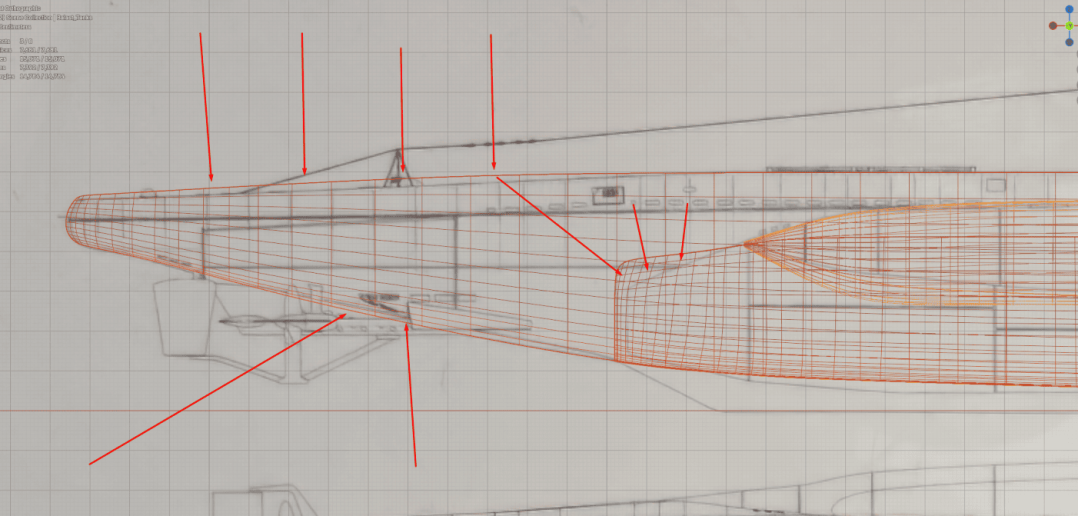 3D modeling interface with grid, wireframe, and red lines indicating adjustments in Blender.