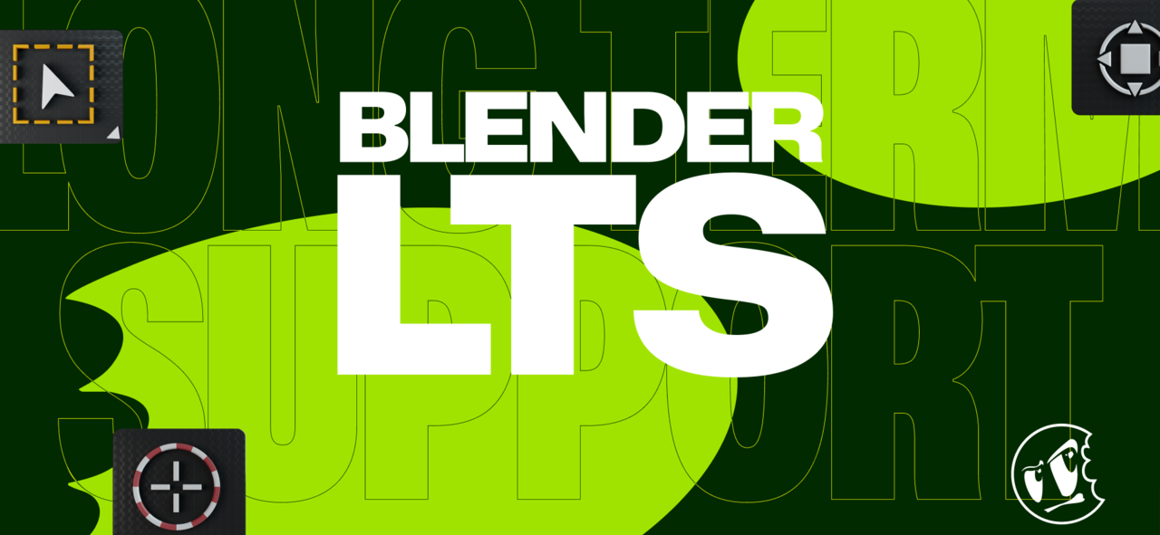 Green background with white text reading "BLNDER LTS". Surrounding text includes "LONGCYCLE" and "SUPPORT". Includes Blender icons.