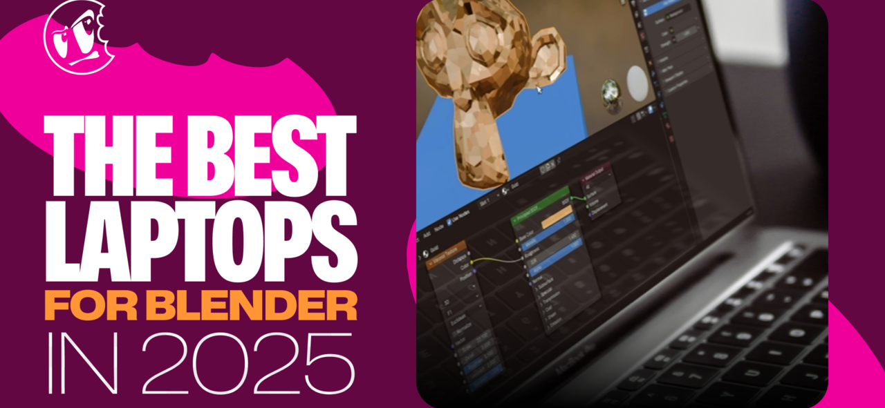 Close-up of a laptop displaying Blender's interface with a 3D model, overlaid with text "The Best Laptops for Blender in 2025" on a purple background.