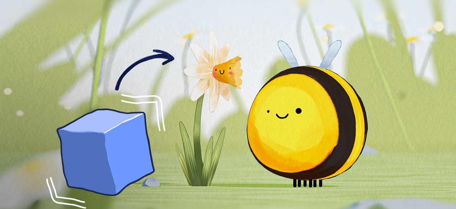A cartoon bee, a blue cube, and a flower in a stylized, hand-drawn illustration.