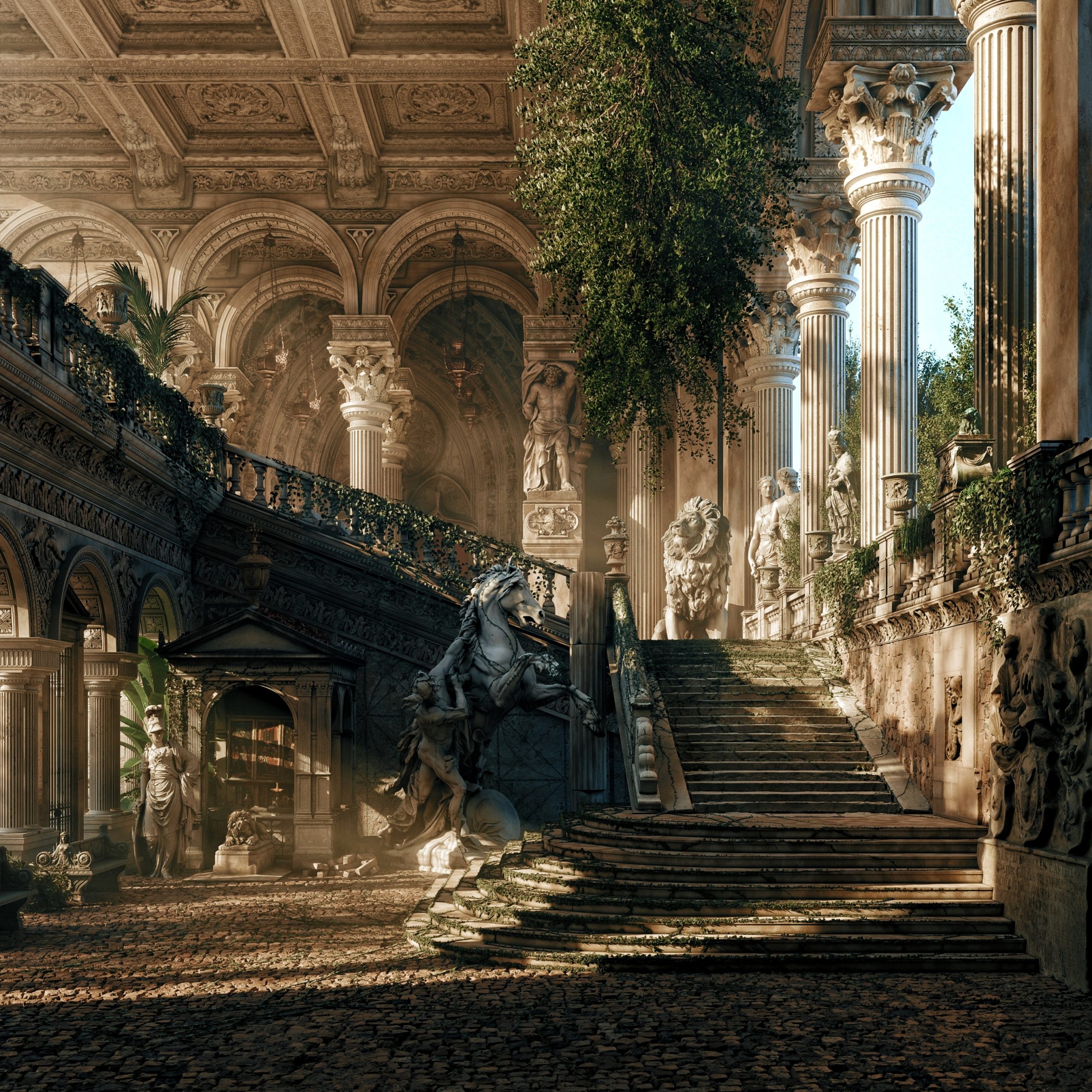 Grand classical staircase with ornate statues and columns.