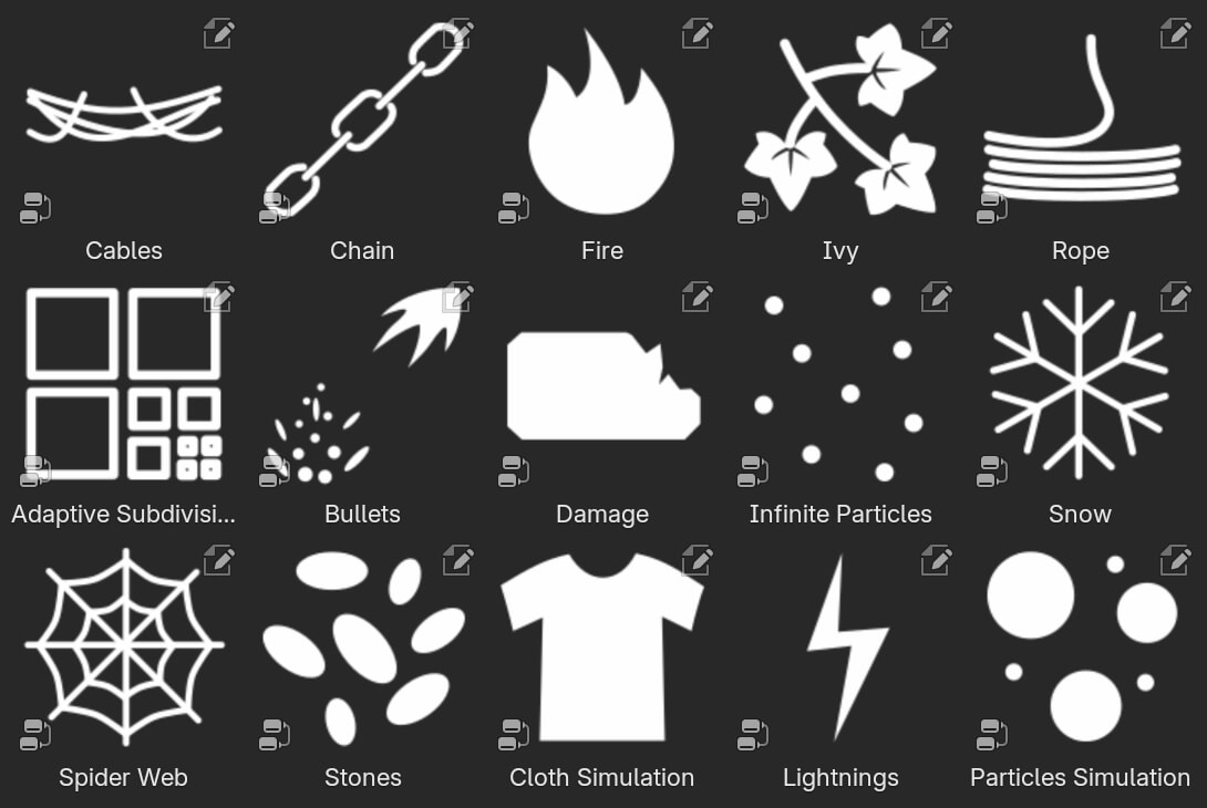 A collection of icons representing various simulation and particle effects in Blender, including cables, chain, fire, ivy, rope, adaptive subdivision, bullets, damage, infinite particles, snow, spider web, stones, cloth simulation, lightning, and particle simulation.