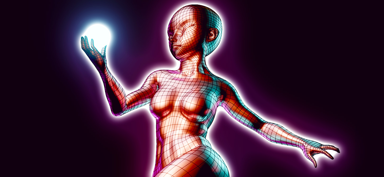 Wireframe human figure with glowing hand, 3D render.