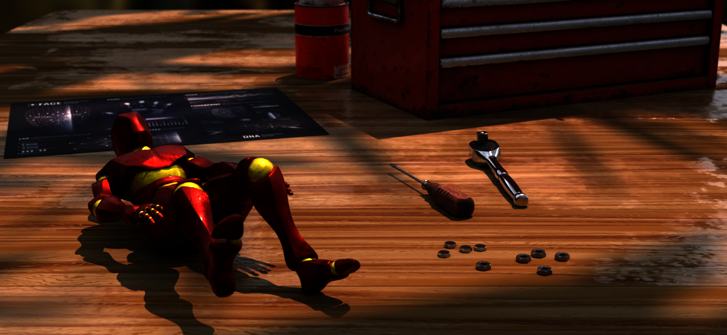 A 3D rendered scene featuring a robotic figure in red and yellow, lying on a wooden floor with tools and bolts scattered around.