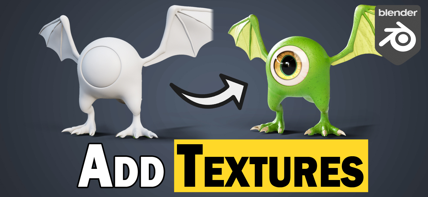 Two stylized 3D creatures, one white and one green, with an arrow indicating transformation; Blender logo and "Add Textures" text.