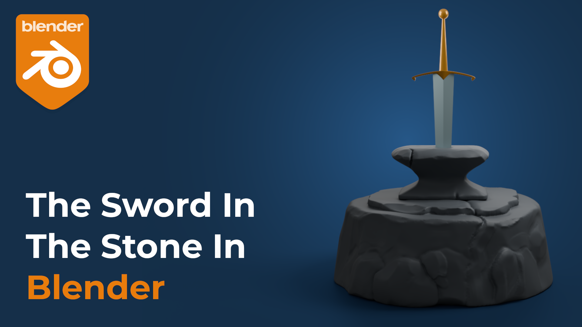 A 3D rendering of a sword in a stone, created with Blender. The sword has a golden hilt and is embedded in a rough, grey stone base. The background is dark blue.