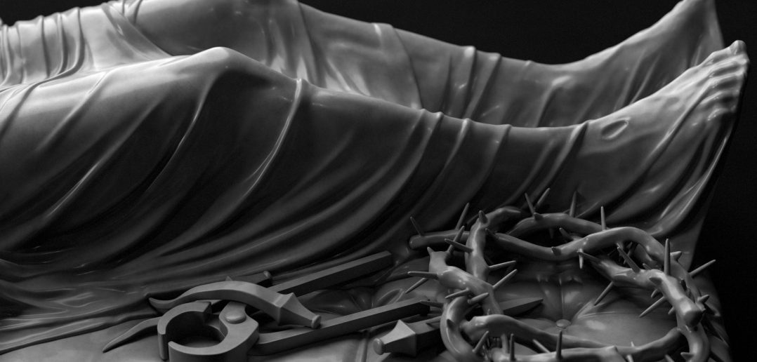 Close-up of a digital sculpture featuring a crown of thorns and a cloth, rendered in a realistic style.
