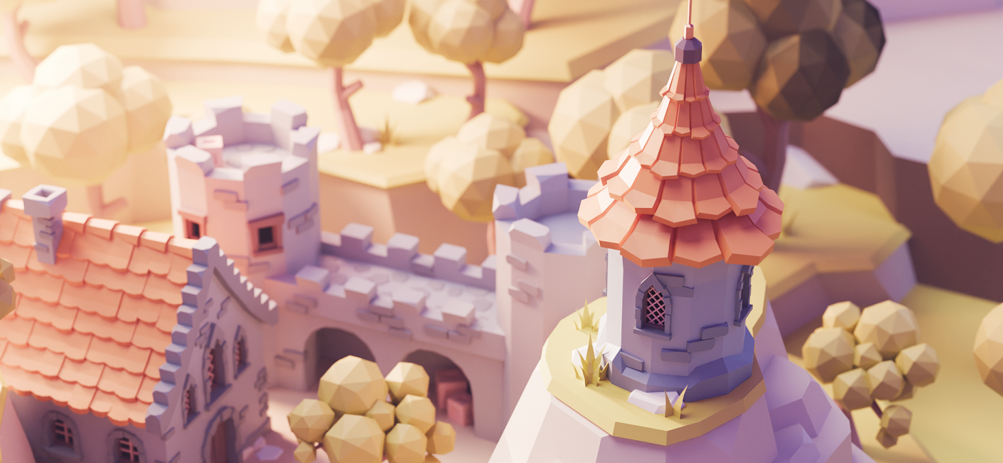 Low-poly 3D rendering of a castle with a prominent pink-roofed tower, surrounded by trees and additional castle structures.