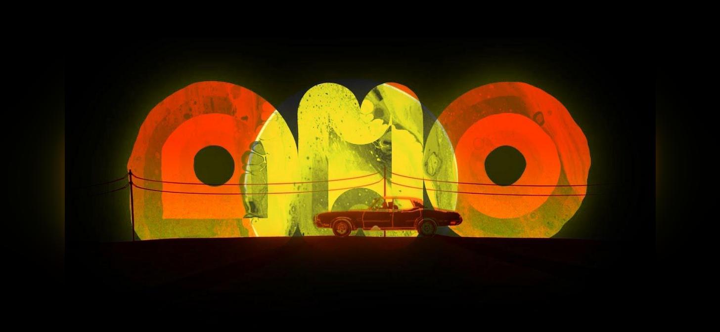 Vibrant neon scene with two figures and a car, backlit by glowing orbs.
