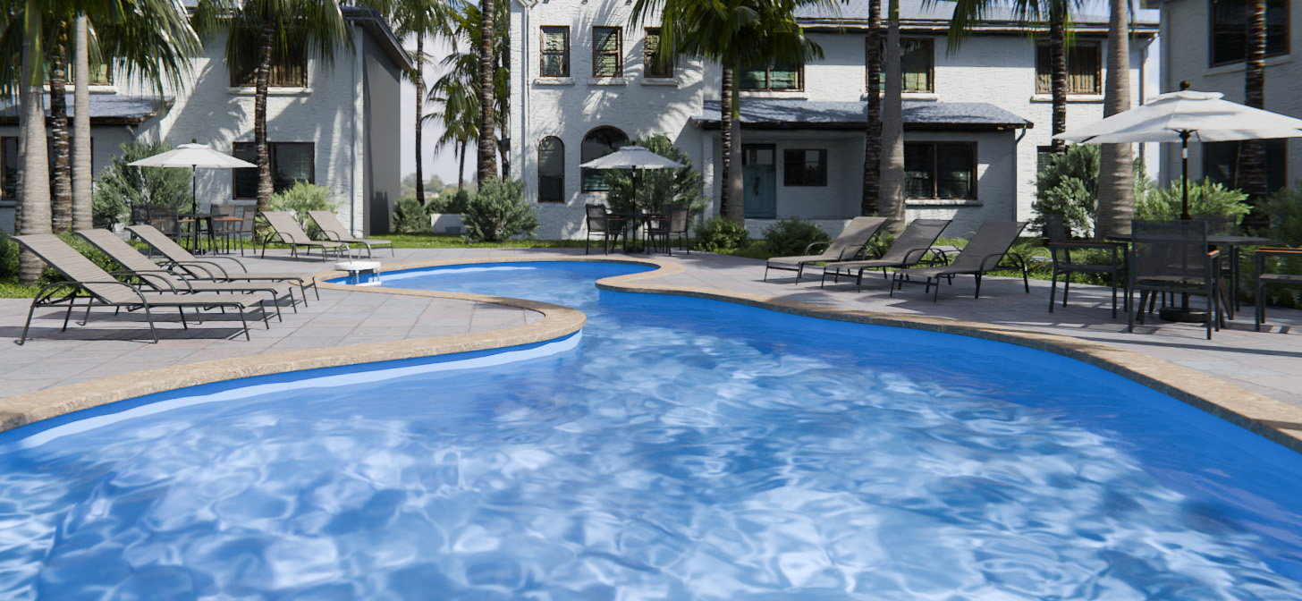 Luxurious pool area with lounge chairs and palm trees, surrounded by a modern building.