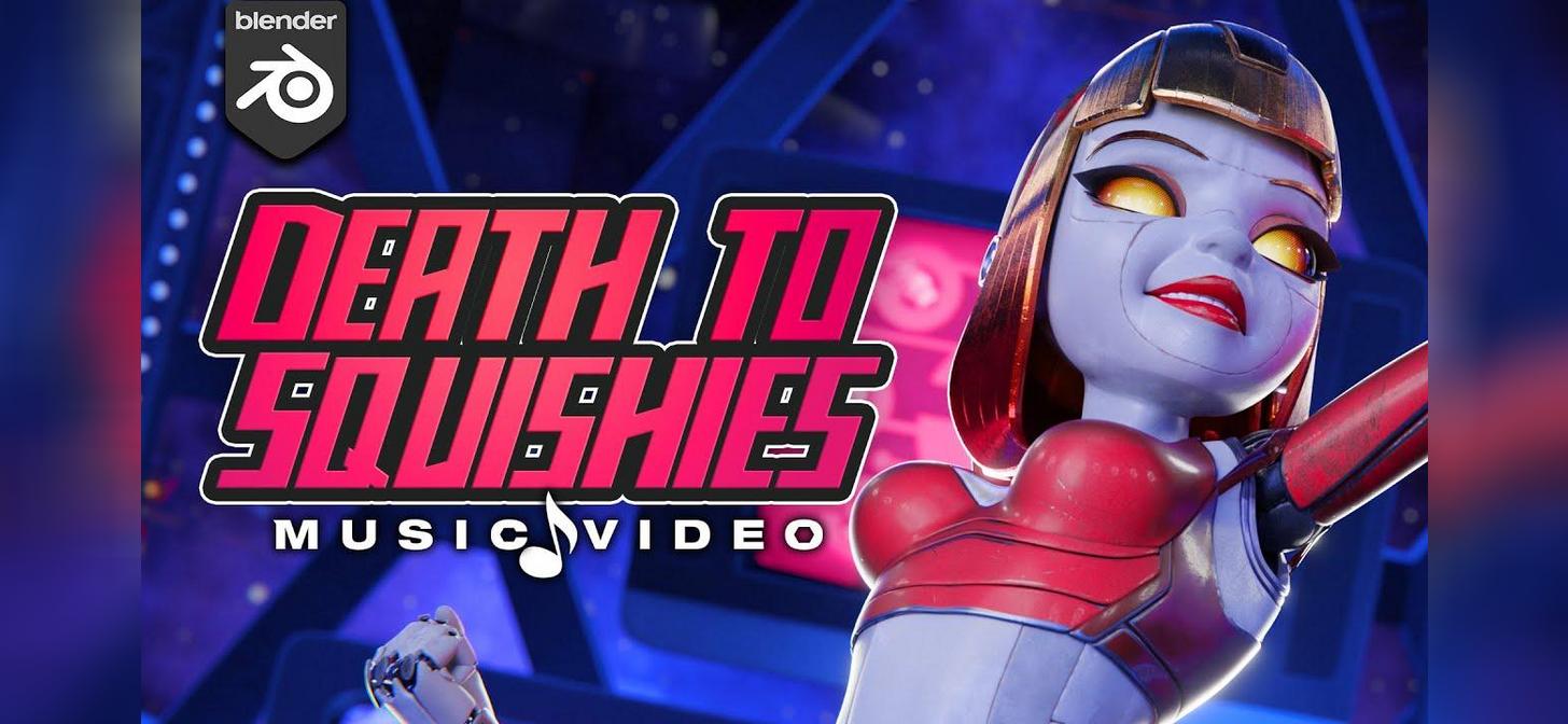 Animated character holding a weapon, "Death to Squishies" text, Blender logo.