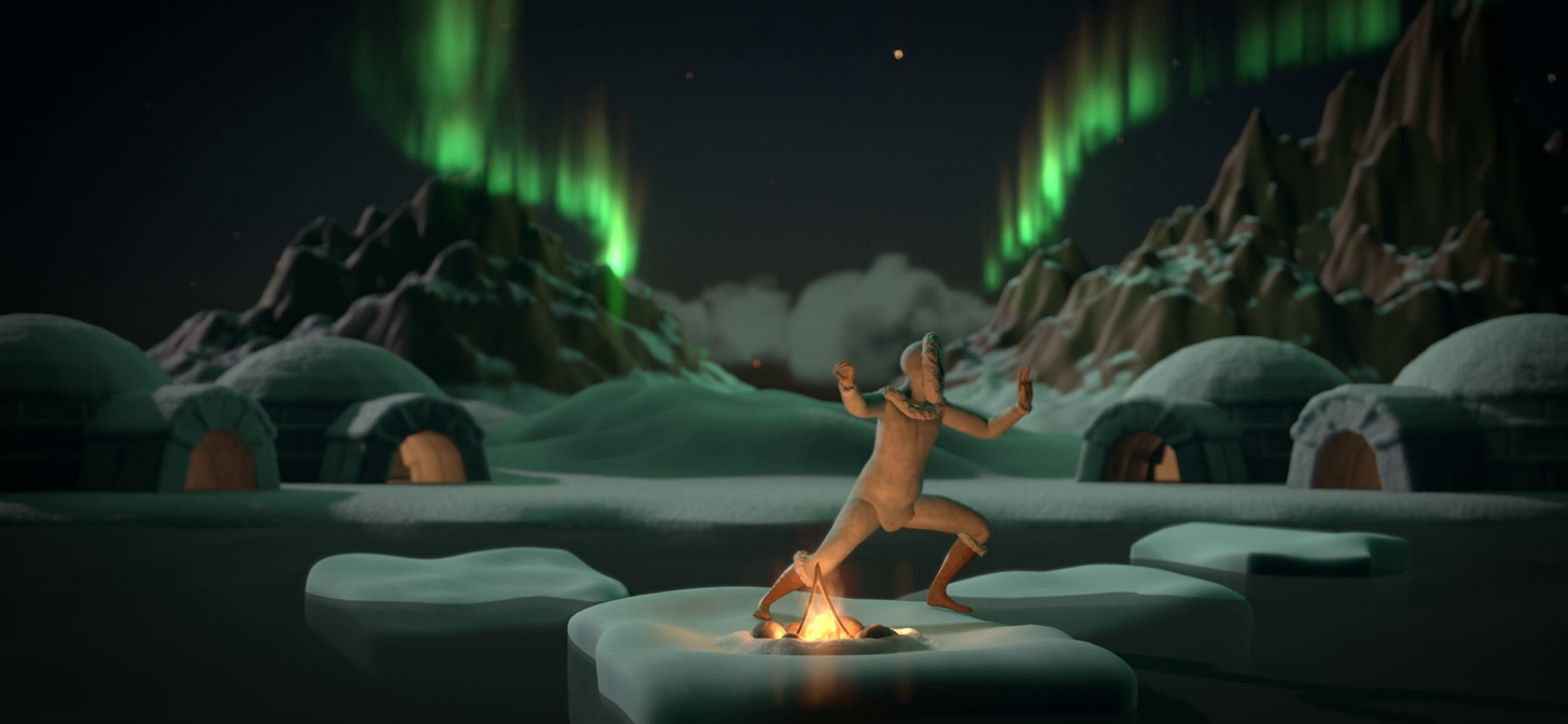 Animated figure dancing around a campfire in a snowy landscape under the Northern Lights.