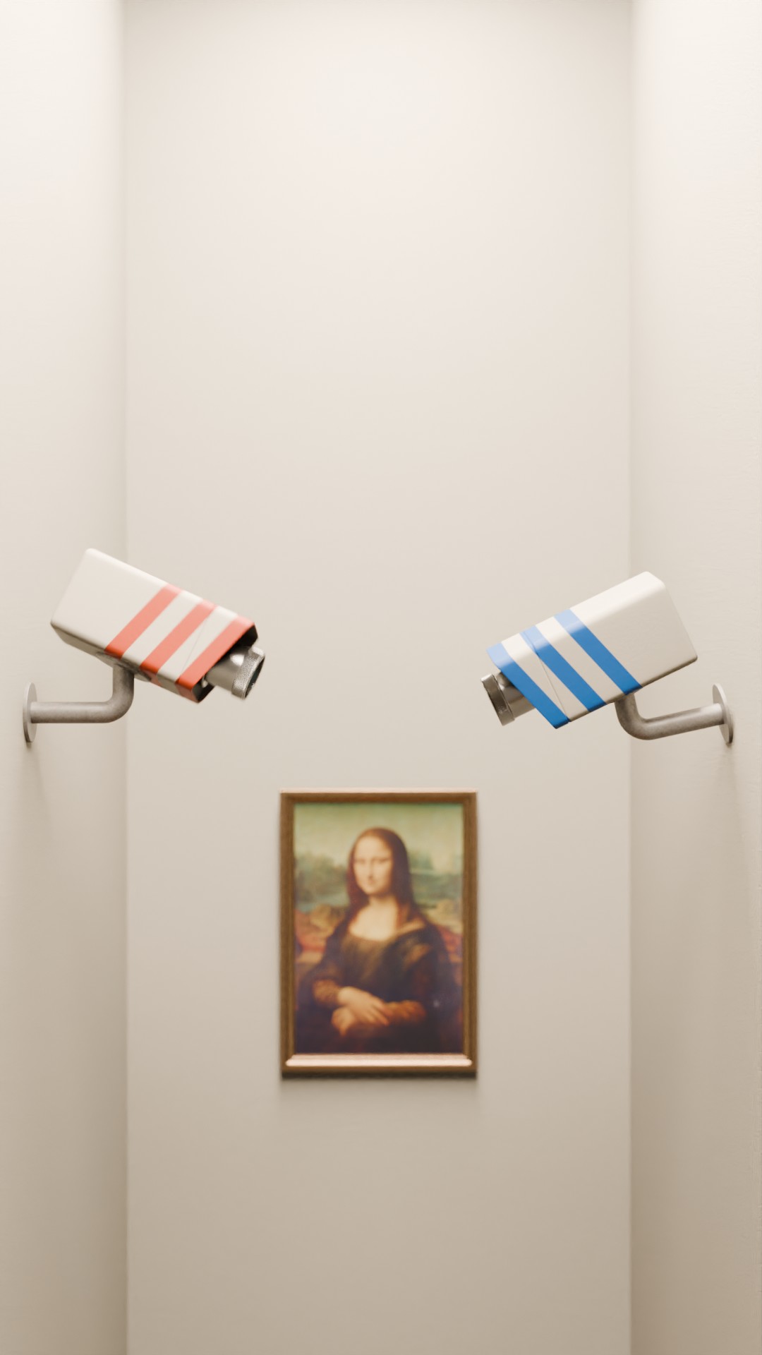 Two security cameras with colorful stripes above the Mona Lisa painting on a white wall.